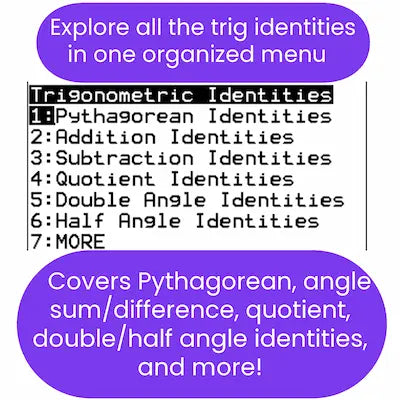 List of trigonometric identities ti84 program with a purple border and text box.