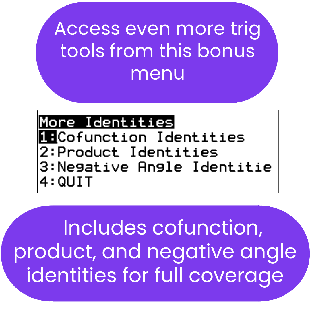 Menu screen with trigonometric identities options on a white background ti84 program 