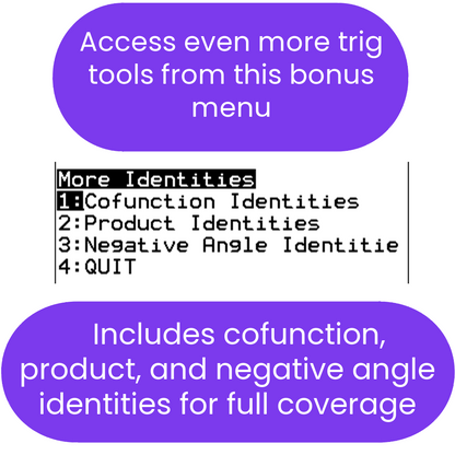 Menu screen with trigonometric identities options on a white background ti84 program 