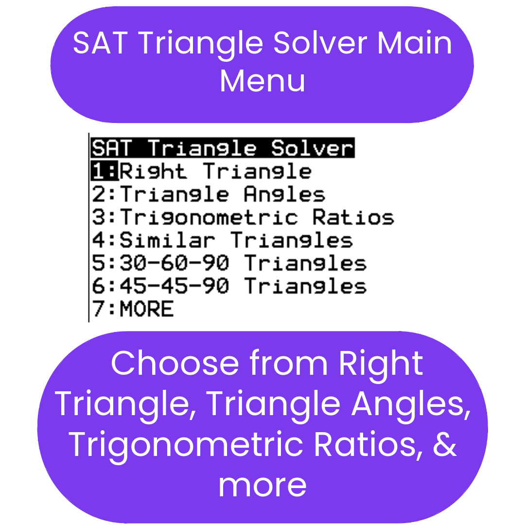 SAT Triangle Solver ti84 program Main Menu with options on a white background