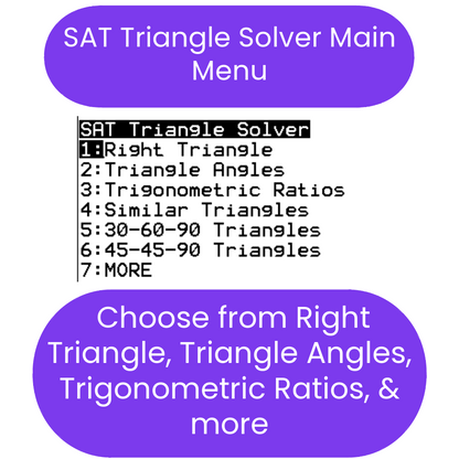 SAT Triangle Solver ti84 program Main Menu with options on a white background