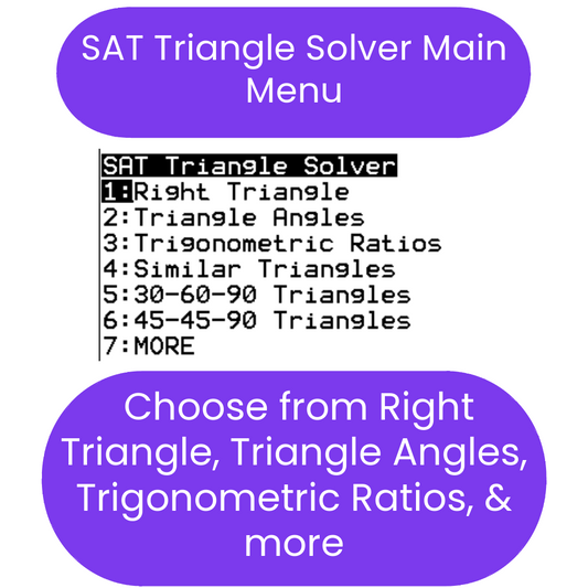 SAT Triangle Solver ti84 program Main Menu with options on a white background