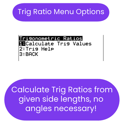 Menu options for trigonometric ratios with a purple border and text.