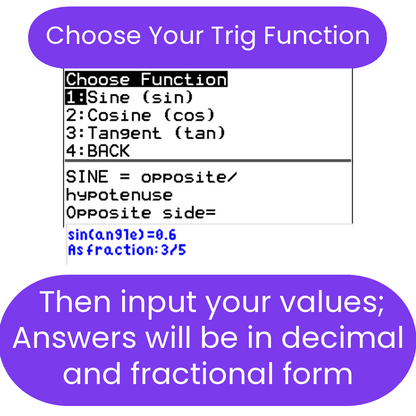 Menu for choosing trigonometric functions with explanations on a white background