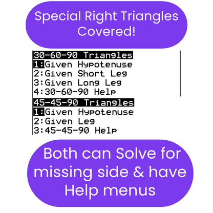 Text-based menu for solving special right triangles with hypotenuse, leg, and help options.