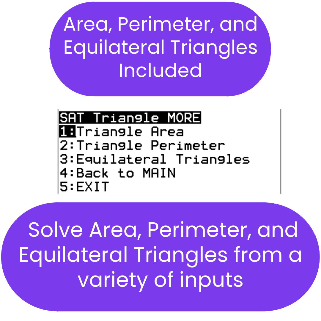 ti84 program for solving triangle area, perimeter, and equilateral triangles with a purple border.