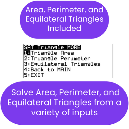 ti84 program for solving triangle area, perimeter, and equilateral triangles with a purple border.