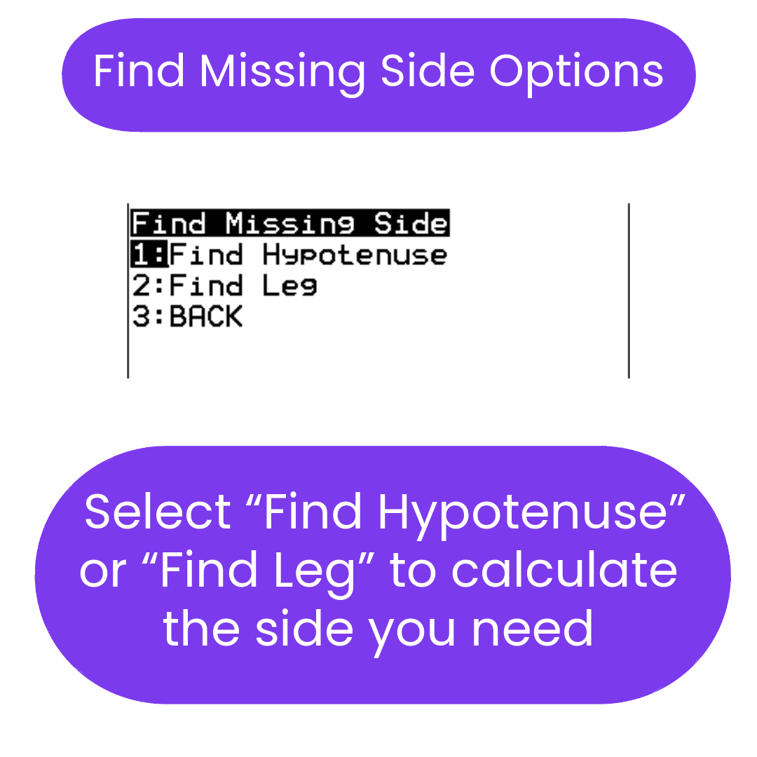 Menu for finding missing sides of a right triangle with options to find the hypotenuse or a leg.
