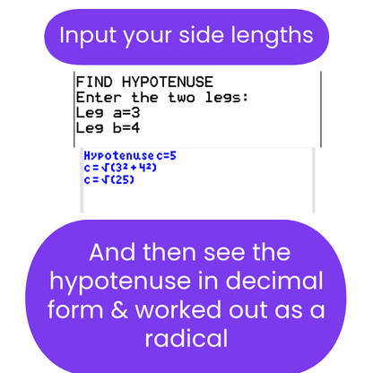 Mathematical calculation of hypotenuse with side lengths displayed on a white background