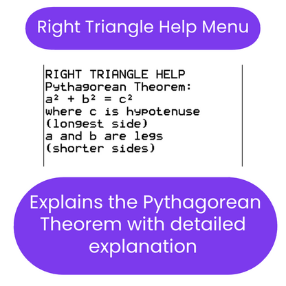 Right Triangle Help Menu explaining the Pythagorean Theorem with text on a white background.