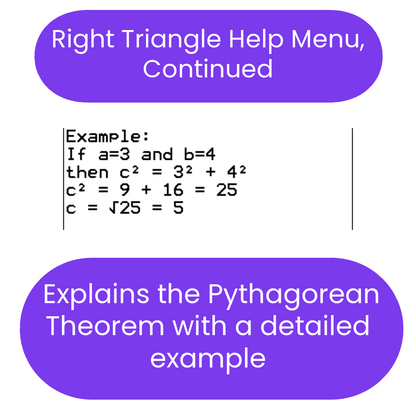Right Triangle Help Menu explaining the Pythagorean Theorem with an example on a white background.