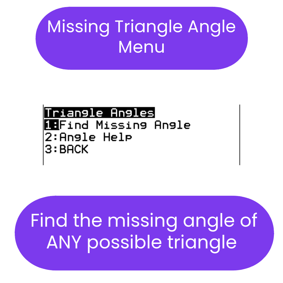 ti84 program Menu for finding missing angles of triangles with purple buttons and white text.