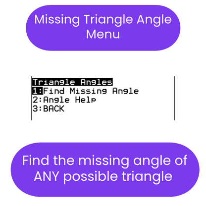 ti84 program Menu for finding missing angles of triangles with purple buttons and white text.